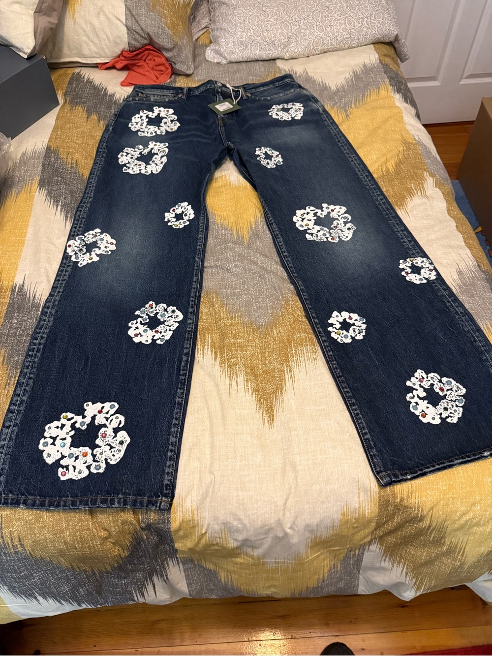 Denim Tears Baggy Dark Wash Rhinestones Cotton Wreath Denim Pants Size 38/34